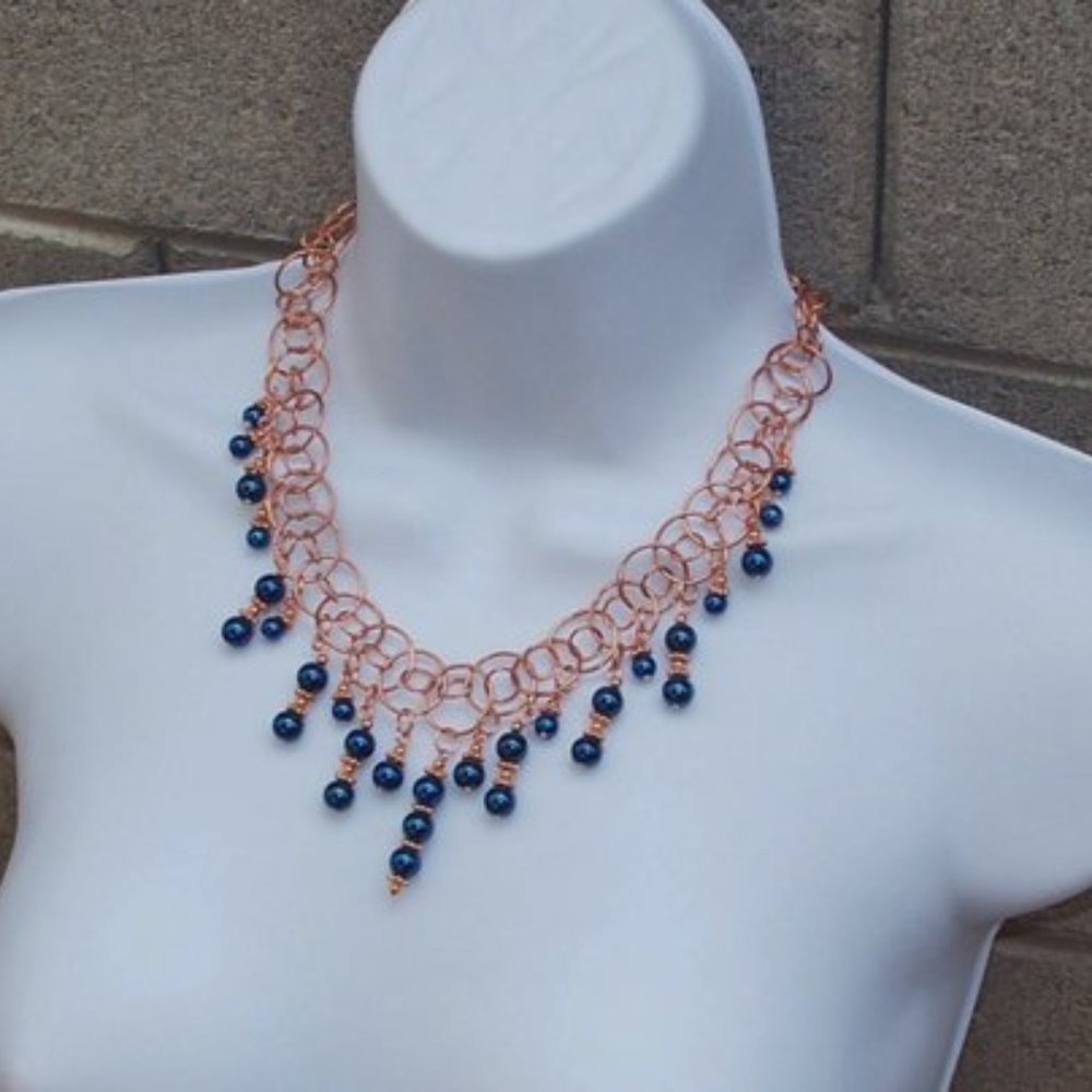 Handmad Blue Faux Pearl Statement Necklace With Copper Coated Brass Hoop Chains - Picture 4 of 6
